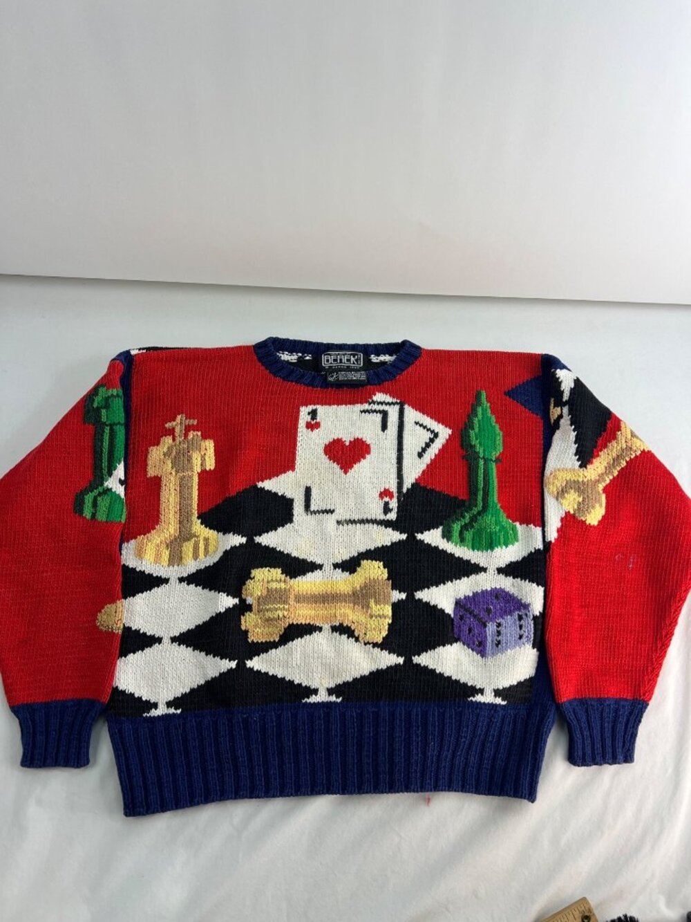 VTG Berek Chess Cards Dice Knit Sweater Red Multicolor Crewneck M